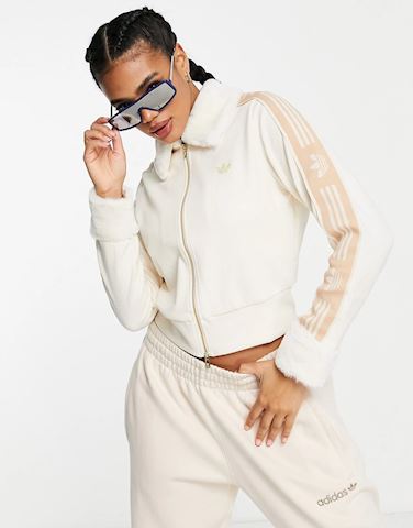 adidas Originals 'ski chic' rib track top with fluffy trims in oatmeal