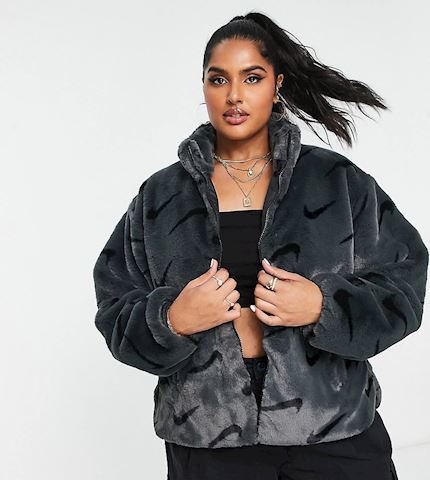 Nike Plus all over swoosh faux fur jacket in smoke grey and black ...