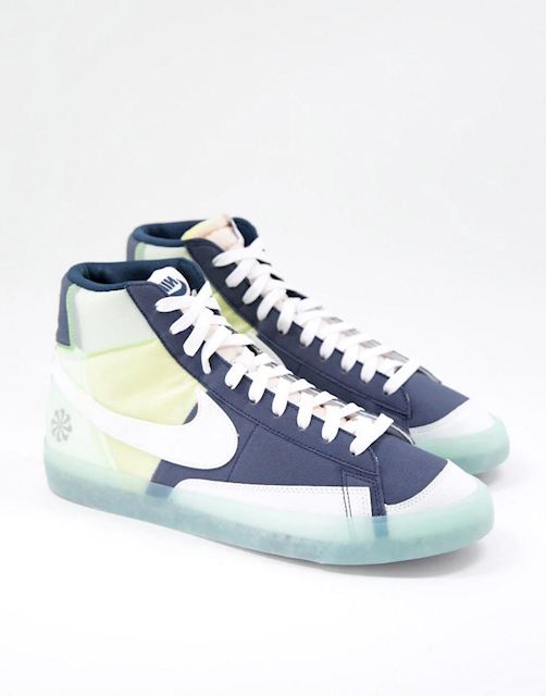 nike blazer mid revival trainers in navy and lime