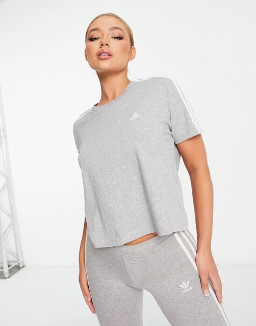 adidas Sportswear Essential 3 stripe cropped tshirt in grey HB7928