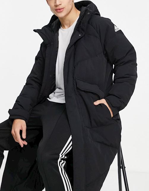 adidas Outdoor longline down jacket with pockets in black GT6536