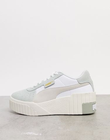 puma cali wedge trainers in white and green